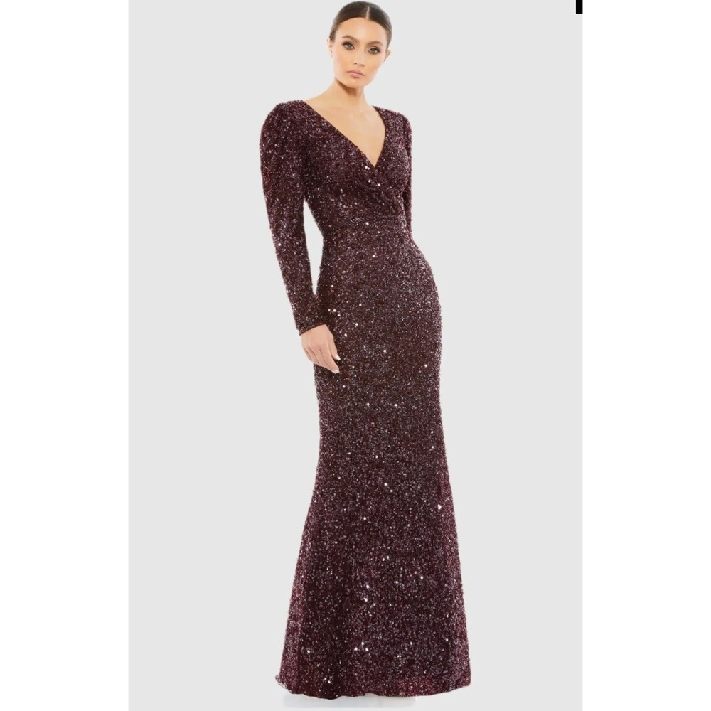 Mac Duggal 5510 Gown 18 Burgundy Sequin Long Sleeve Formal Wedding Guest Gala